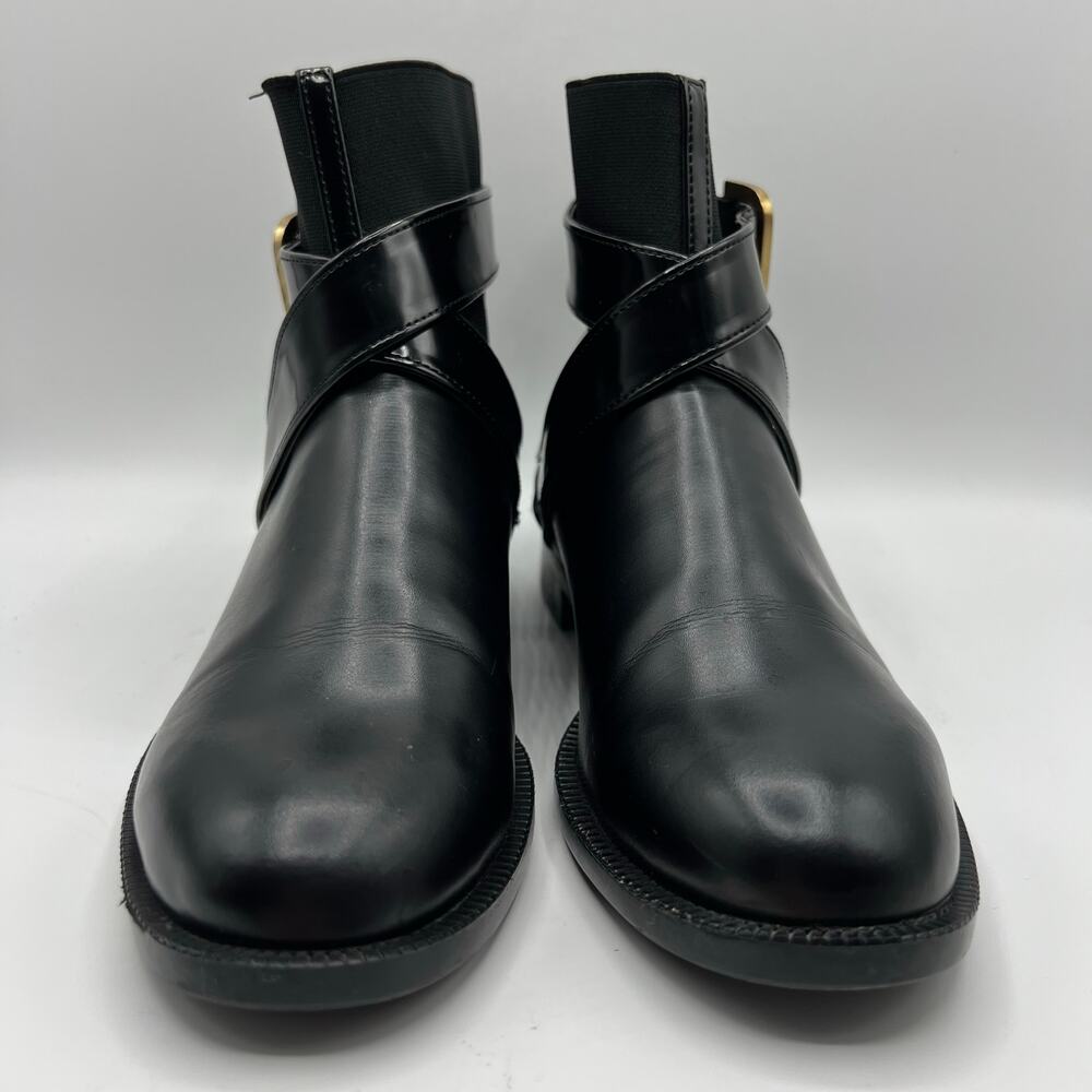 Zara Trafaluc Black Criss Cross Strap Gold Buckle Moto Ankle Boots | Women's 6.5 - Picture 6 of 11